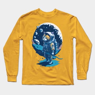 Funny Cat Astronaut Walking In The Space Long Sleeve T-Shirt